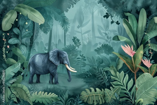 lush amazon jungle with elephant tropical nature mural for kids room digital illustration