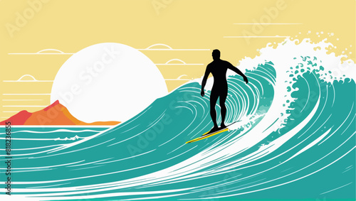 Surfing Action: Surfer Vector Graphic in the Waves