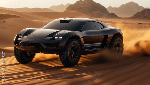 Black Futuristic Electric Off-Road Car Conquering Desert Dunes - GENERATIVE AI