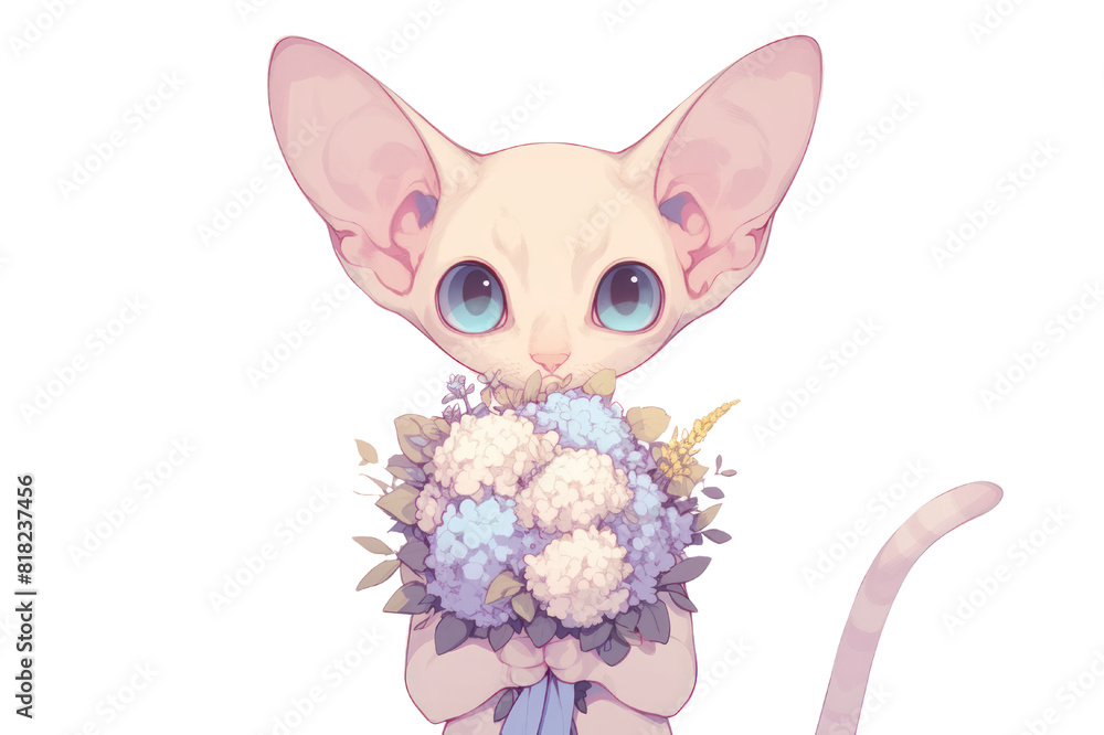 Peterbald, cute cartoon character with bouquet, single object, Di-Cut png style, isolated on white background