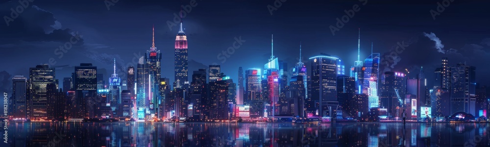 Nighttime view of a city skyline with a lake and a boat. Neon color background 