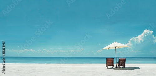 Minimalist Tranquility: Two Chairs and an Umbrella on Pristine White Sand Beach