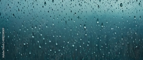 A serene image capturing raindrops clinging to a glass surface with a subtly blurred teal background, perfect for conveying moods related to weather. photo