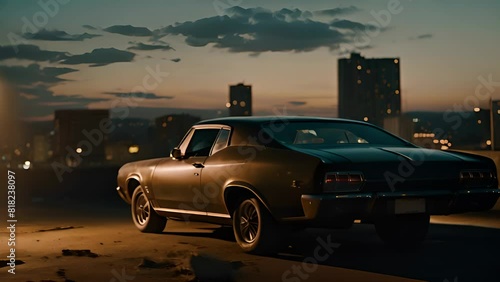 Vintage muscle car parked on the street at night. 80s styled synthwave retro scene with powerful drive in evening