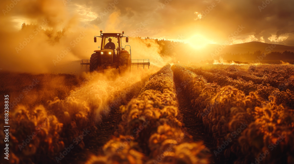 Fototapeta premium A golden tractor diligently tills the earth as the sky transitions from a vibrant sunrise to a soft sunset, surrounded by lush green grass and towering wheat, symbolizing hard work and beauty.