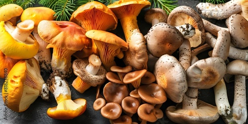 Various types of edible mushrooms used in cooking for their unique flavors. Concept Shiitake, Portobello, Porcini, Morel, Chanterelle photo