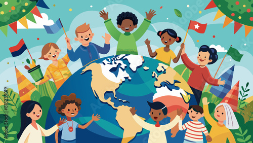 Diverse Group of Happy Children Celebrating Unity Around the World. Vector illustration for World Population Day