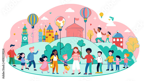 Vibrant Community Park Scene with Diverse People and Family Activities. Vector illustration for World Population Day