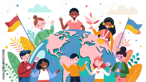 Multicultural Children Celebrating Unity Around the Globe. Vector illustration for World Population Day