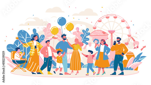 Colorful Family Enjoying a Fun Day at an Amusement Park. Vector illustration for World Population Day