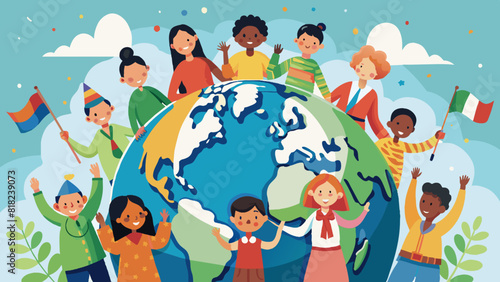 Celebrating Diversity: Children of Different Ethnicities Around the Globe. Vector illustration for World Population Day