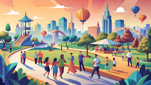 Vibrant Urban Park Scene with People Enjoying Outdoor Activities. Vector illustration for World Population Day