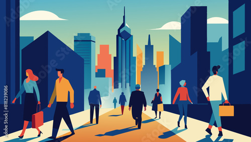 Bustling Cityscape with Diverse Pedestrians and Modern Skyline. Vector illustration for World Population Day