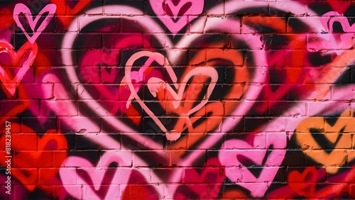 Brick wall with painted hearts in graffiti style.