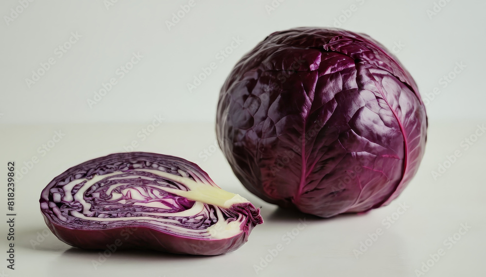 A red cabbage cut in half is placed next to a whole cabbage, showcasing the interior and exterior of the vegetable A red cabbage cut in half is placed next to a whole cabbage, showcasing the interior and exterior of the vegetable