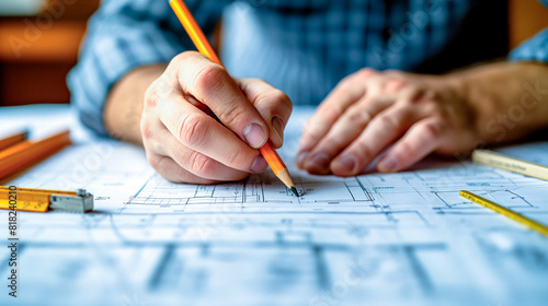 a person drawing in pencil on a blueprint drawing pad, detail