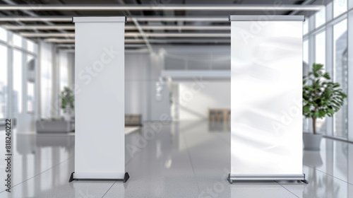 Blank roll up banner stand in office lobby. mockup