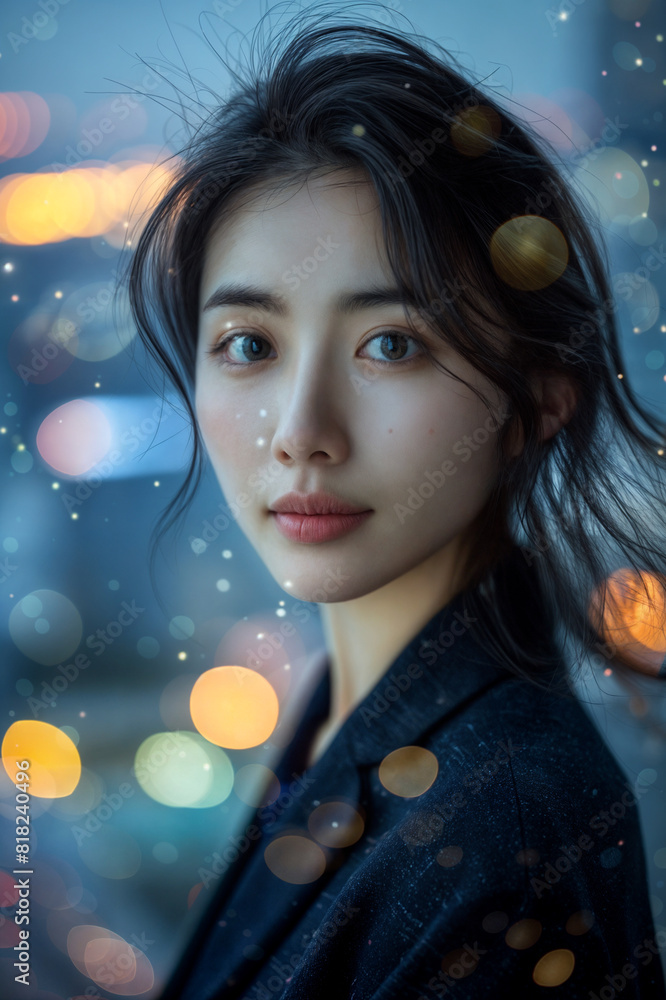 Stunning Portrait of a Young Asian Woman in Front of Softly Blurred City Lights, Highlighting Her Natural Beauty Stunning Portrait of a Young Asian Woman in Front of Softly Blurred City Lights, Highlighting Her Natural Beauty