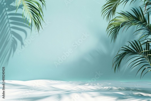 Elegant Tropical Display  Soft Blue Background with Palm Leaves and Sand 