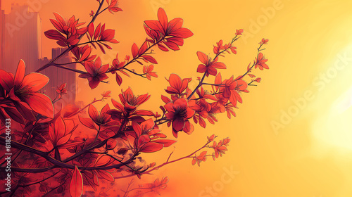 Red Flower Branches on Gradient Orange Background. Ideal for Art and Nature Designs