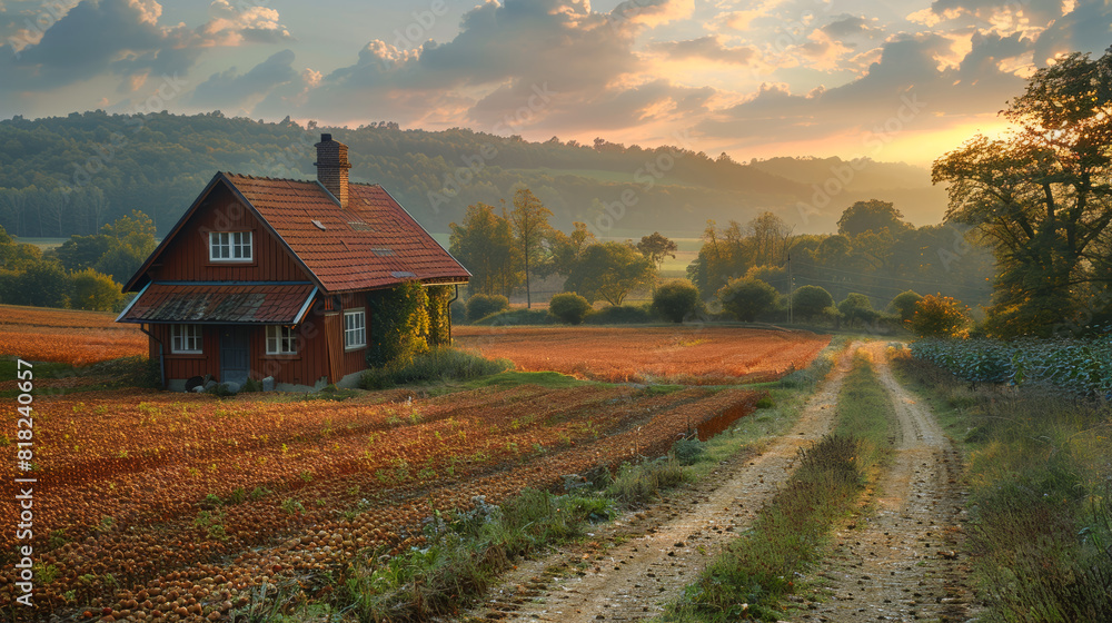 House nestled in a golden field at sunset. Solitude in nature and rural charm style, tranquil living concept, ideal for real estate and country living features.