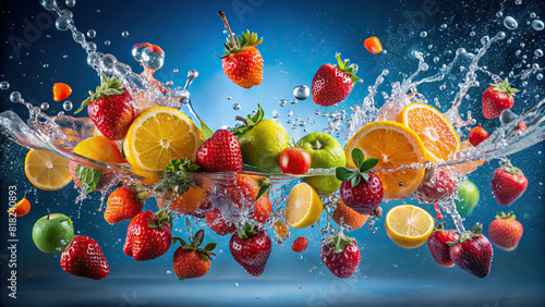 Colorful fruits being dropped into water, forming lively splashes against a gradient background.