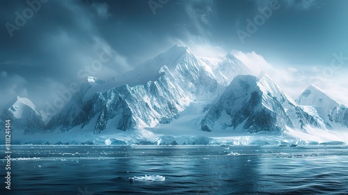 majestic iceberg, its icy form reflected in a still lake shrouded in a cold arctic mist © INK ART BACKGROUND