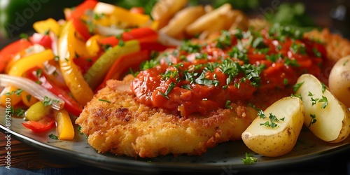 Spicy Paprikatomato Sauce with Breaded Schnitzel, Peppers, Onions, and Potatoes or Fries. Concept Recipes, Main Course, Spicy Sauce, Breaded Schnitzel, Potatoes