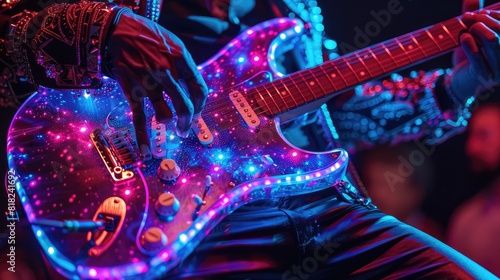 Close-up of a musician's hand playing an electric guitar with vibrant neon lights, capturing the energy of a live performance. 
