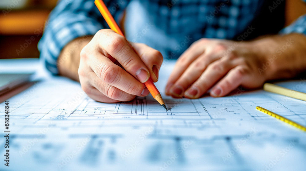 a person drawing in pencil on a blueprint drawing pad, detail a person drawing in pencil on a blueprint drawing pad, detail