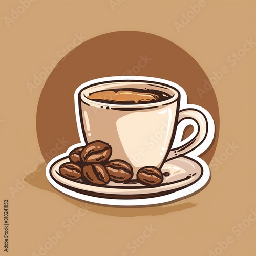 A barista s coffee cup and beans illustration style with normal colors sticker  white outline on a solid mocha background 