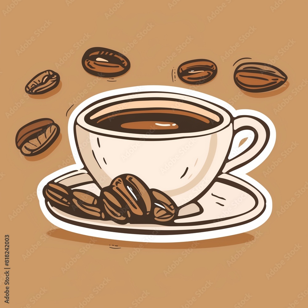Obraz premium A barista's coffee cup and beans illustration style with normal colors sticker, white outline on a solid mocha background,