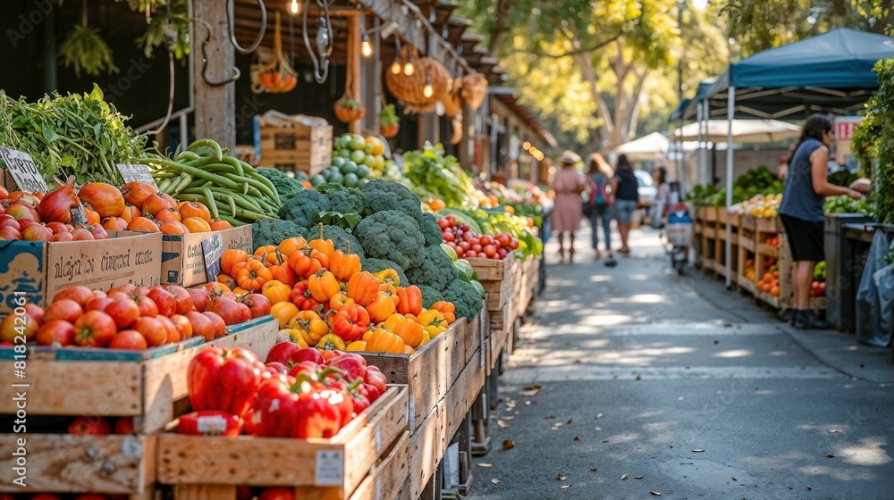 Abundant Variety of Fresh Vegetables and Fruits on Display at a Bustling Farmers Market with People Shopping on a Sunny Day Abundant Variety of Fresh Vegetables and Fruits on Display at a Bustling Farmers Market with People Shopping on a Sunny Day