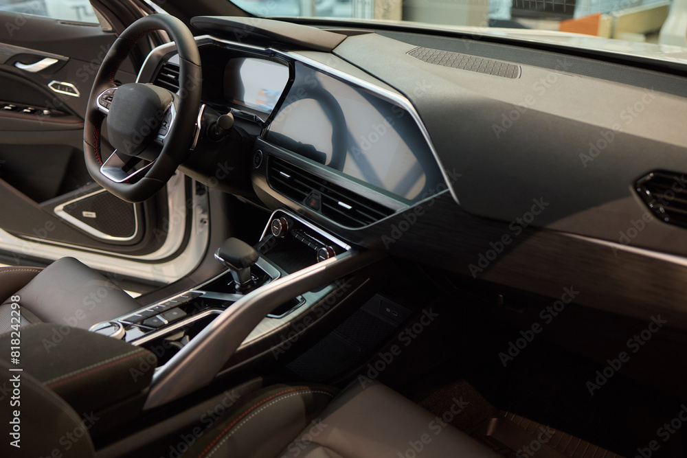 Vehicle with seating and steering wheel, interior design Vehicle with seating and steering wheel, interior design