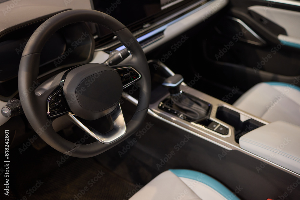 Vehicle with seating and steering wheel, interior design Vehicle with seating and steering wheel, interior design