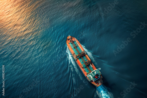 Aerial view of cargo ship sailing at sunset