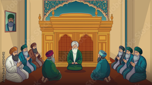 Muslim Sufi sheikhs, sitting in front of a shrine, mosque, Muslims