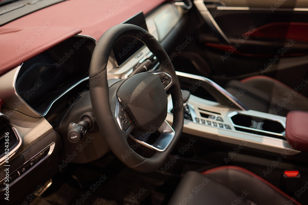 Vehicle with seating and steering wheel, interior design Vehicle with seating and steering wheel, interior design