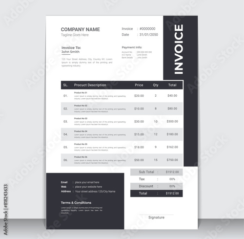 Abstract modern colorful business invoice template. creative invoice Template Paper Sheet Include Accounting, Price, Tax, and Quantity. With color variation Vector illustration of Finance Free Vector