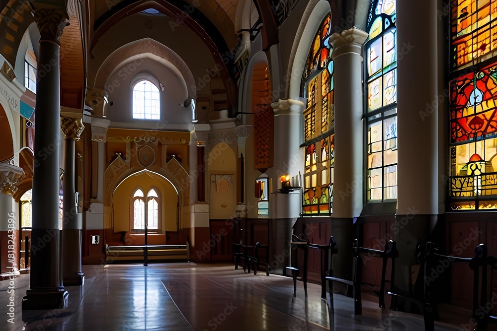 Fototapeta premium Interior of Ancient Spanish Synagogue. TOLEDO, SPAIN - NOVEMBER 11, 2014: Santa Maria La Blanca Church. Originally known as the Ibn Shushan Synagogue, it is disputably considered the oldest synagogue 