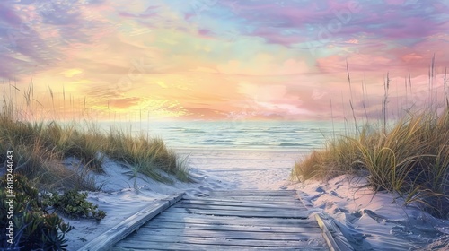 tranquil sunset stroll wooden boardwalk leading to pristine white sand beach with lush shrubs serene ocean view digital painting