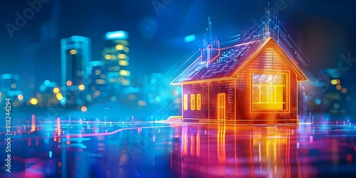 Smart home technology with hologram highrise buildings in background isolated on blue. Concept Smart Home Technology  Hologram Buildings  Highrise Background  Blue Isolated  Future Living