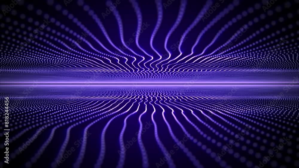 Moving through resonating purple blue wavy field of glowing curve lines ...