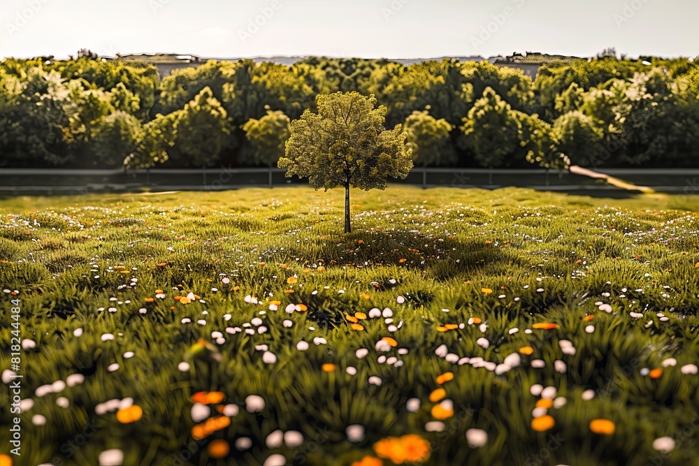 Obraz premium Lone Tree Standing Among Field of Flowers. Generative AI