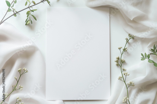 Wedding dress satin cloth around a White blank wedding invitation mockup. Minimal photography style. ketubah (ketubot) wedding contract. Top view empty paper with floral elements.