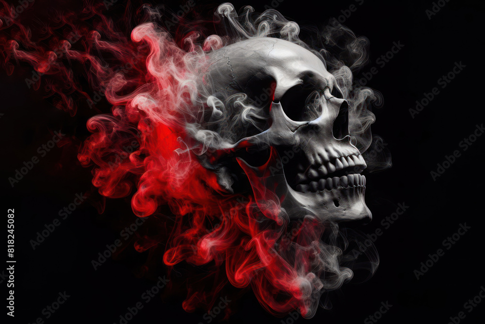 black and white skull in red smoke on dark background black and white skull in red smoke on dark background