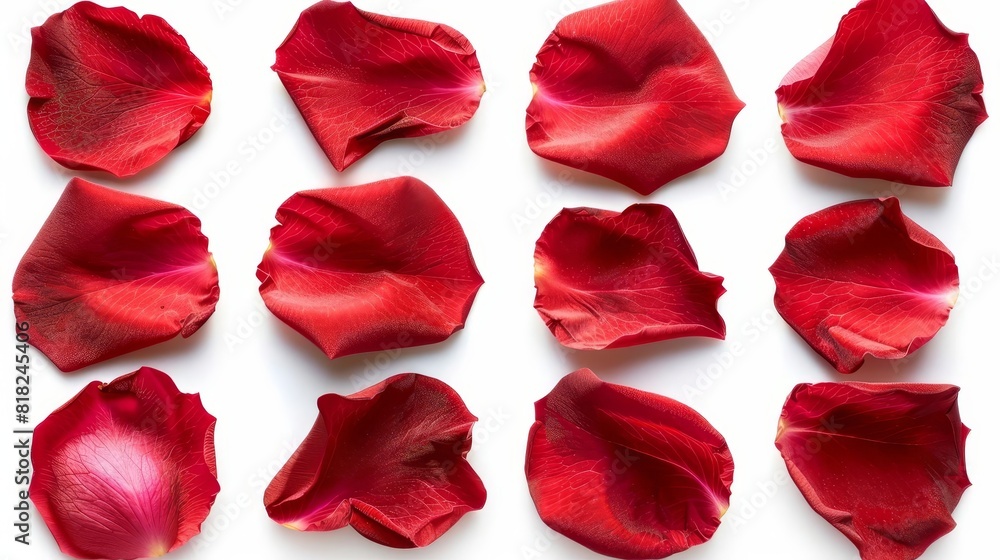 Fototapeta premium vibrant red rose petals arranged in a beautiful set isolated on white background