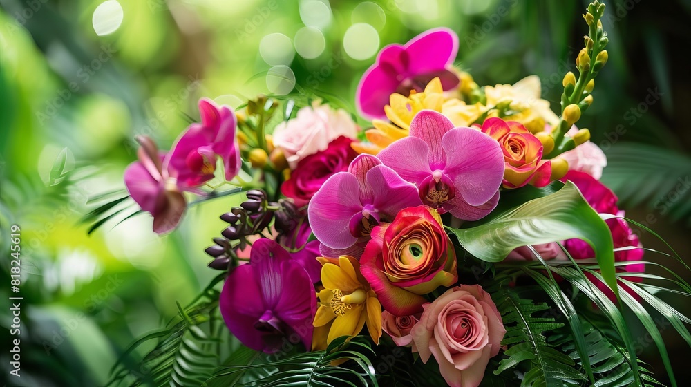Fototapeta premium vibrant tropical orchid and rose bouquet with lush foliage floral wedding invitation design