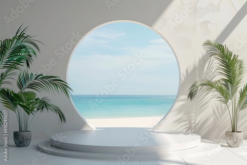 Summer Beach Scene Display Podium A Minimalist 3D Showcase for Products or Cosmetics