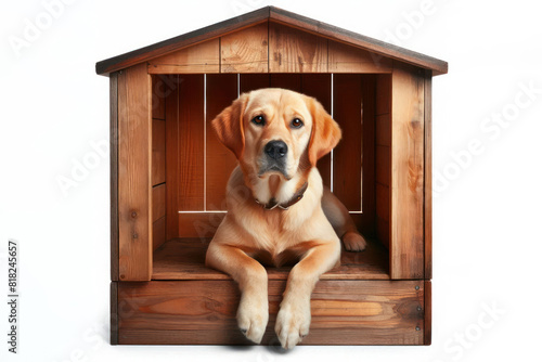 Sad dog in a wooden booth house Isolated on white background photo